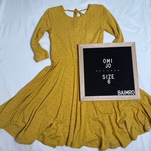 Omi Jo mustard yellow dress with navy blue polkadots 3/4 sleeve size 6 girls